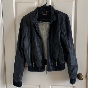 Leather jacket with detachable hood